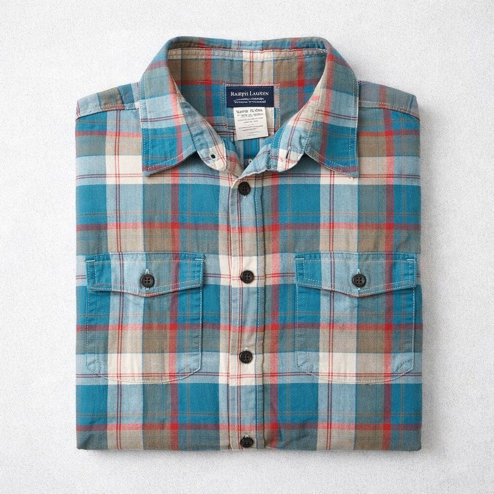 Patagonia Men's Casual Light Weight Blue and Red Plaid Button-Down Shirt Size L